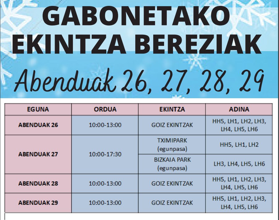 Gabonetarako ekintzetan abenduaren 7ra bitartean eman ahal izango da izena Gabonetarako ekintzetan abenduaren 7ra bitartean eman ahal izango da izena