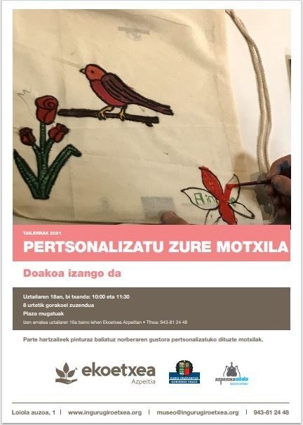 Motxilak pertsonalizatzeko tailerra izango da hilaren 18an, Ekoetxean Motxilak pertsonalizatzeko tailerra izango da hilaren 18an, Ekoetxean