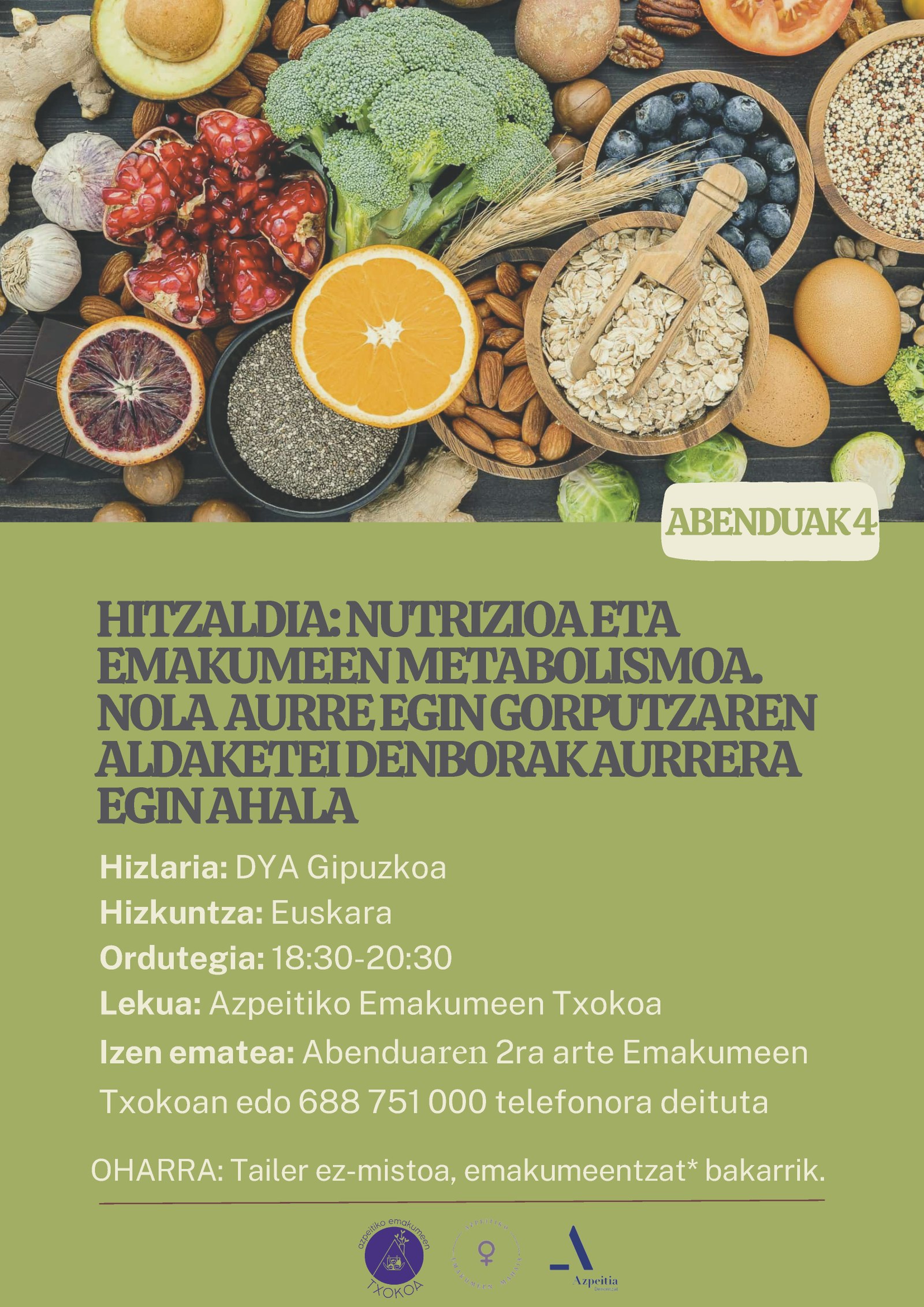 Nutrizioari eta emakumeen metabolismoari buruzko hitzaldia, abenduaren 4an