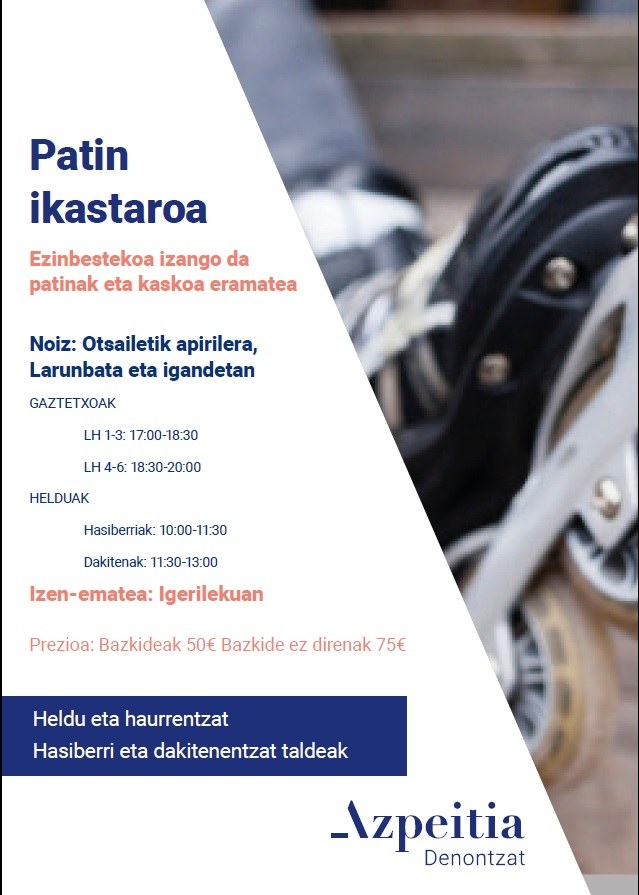 Patinetan ikasteko edo hobetzeko haur eta helduentzako patinen ikastaroa izango da otsailetik Patinetan ikasteko edo hobetzeko haur eta helduentzako patinen ikastaroa izango da otsailetik